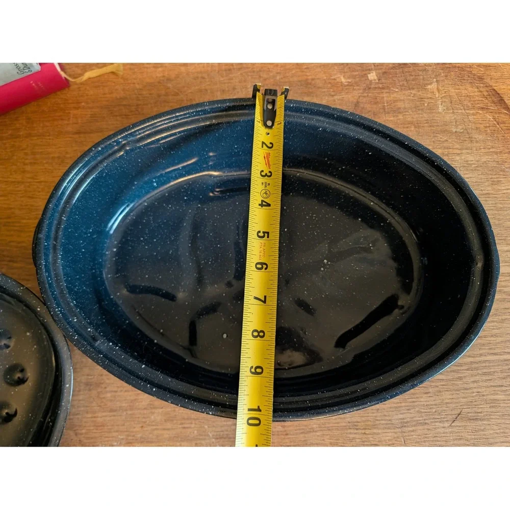 Vintage USA Blue Speckled Enamelware Oval Roasting Pan with Lid Granite Ware